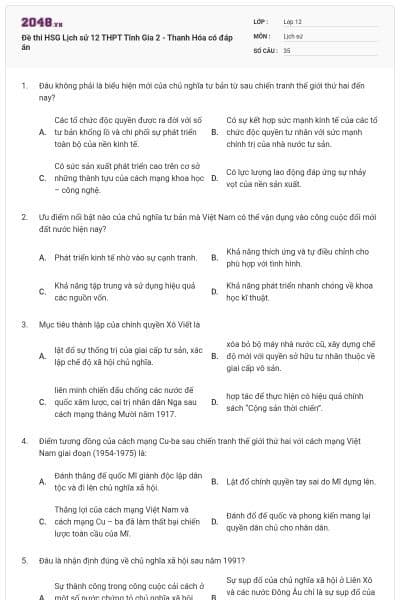 Đề thi HSG Lịch sử 12 THPT Tĩnh Gia 2 - Thanh Hóa có đáp án
