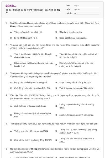 Đề thi HSG Lịch sử 12 THPT Thái Thuận - Bắc Ninh có đáp án