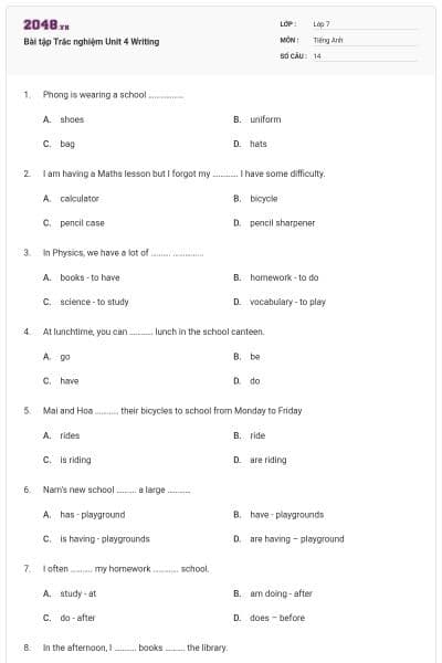 Bài tập Trắc nghiệm Unit 4 Writing