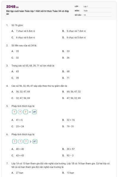 Bài tập cuối tuần Toán lớp 1 Kết nối tri thức Tuần 34 có đáp án