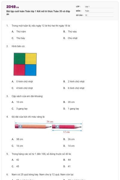 Bài tập cuối tuần Toán lớp 1 Kết nối tri thức Tuần 35 có đáp án