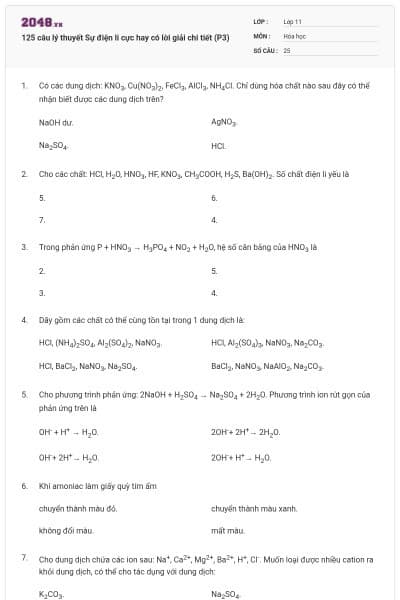 125 câu lý thuyết Sự điện li cực hay có lời giải chi tiết (P3)