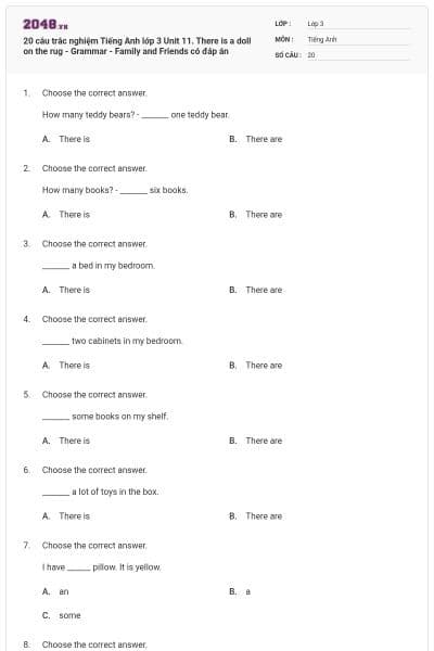 20 câu trắc nghiệm Tiếng Anh lớp 3 Unit 11. There is a doll on the rug - Grammar - Family and Friends có đáp án