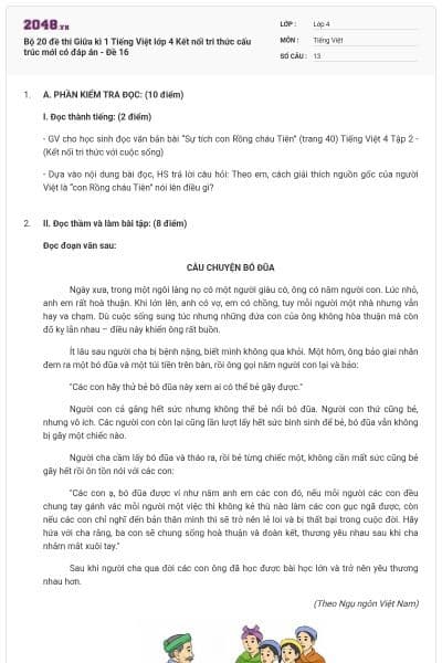 Bộ 20 đề thi Giữa kì 1 Tiếng Việt lớp 4 Kết nối tri thức cấu trúc mới có đáp án - Đề 16