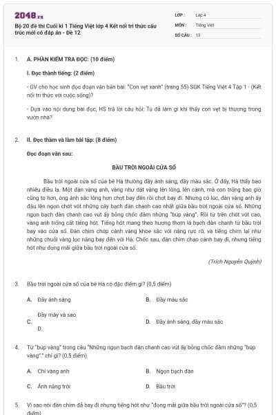 Bộ 20 đề thi Cuối kì 1 Tiếng Việt lớp 4 Kết nối tri thức cấu trúc mới có đáp án - Đề 12
