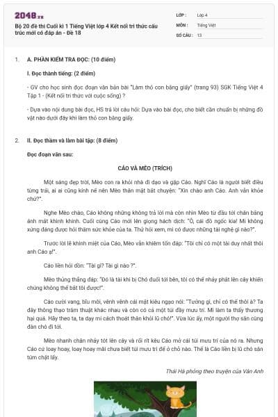 Bộ 20 đề thi Cuối kì 1 Tiếng Việt lớp 4 Kết nối tri thức cấu trúc mới có đáp án - Đề 18