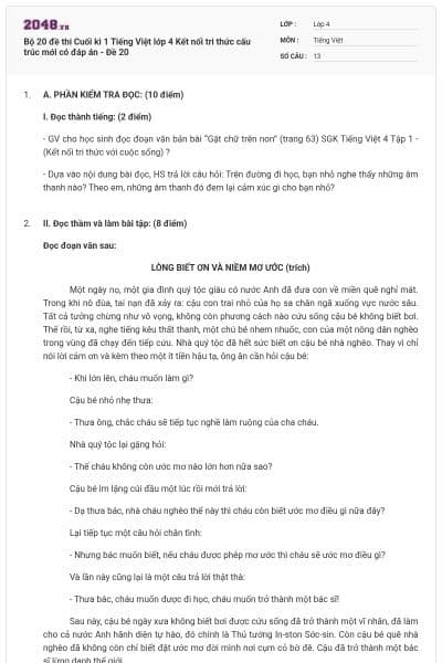 Bộ 20 đề thi Cuối kì 1 Tiếng Việt lớp 4 Kết nối tri thức cấu trúc mới có đáp án - Đề 20