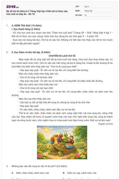 Bộ 20 đề thi Giữa kì 2 Tiếng Việt lớp 4 Kết nối tri thức cấu trúc mới có đáp án - Đề 10