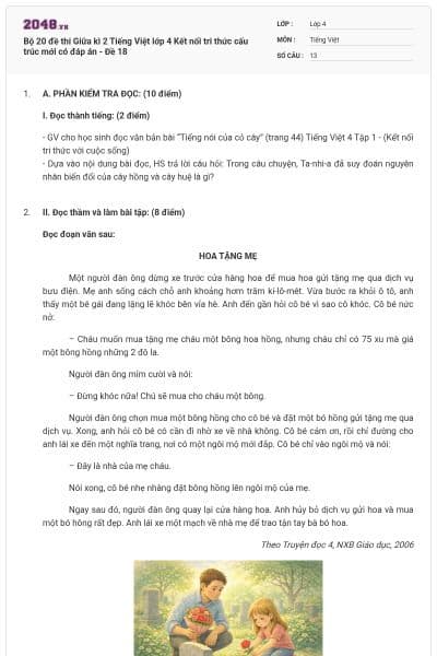 Bộ 20 đề thi Giữa kì 2 Tiếng Việt lớp 4 Kết nối tri thức cấu trúc mới có đáp án - Đề 18
