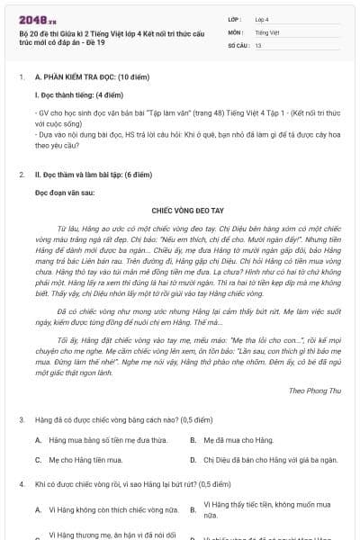Bộ 20 đề thi Giữa kì 2 Tiếng Việt lớp 4 Kết nối tri thức cấu trúc mới có đáp án - Đề 19