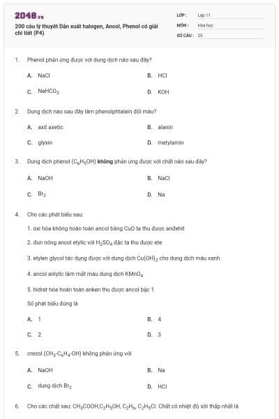 200 câu lý thuyết Dẫn xuất halogen, Ancol, Phenol có giải chi tiết (P4)
