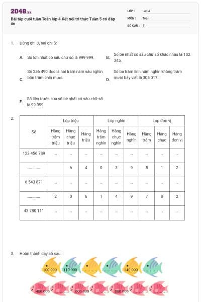 Bài tập cuối tuần Toán lớp 4 Kết nối tri thức Tuần 5 có đáp án