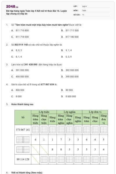 Bài tập hàng ngày Toán lớp 4 Kết nối tri thức Bài 16. Luyện tập chung có đáp án