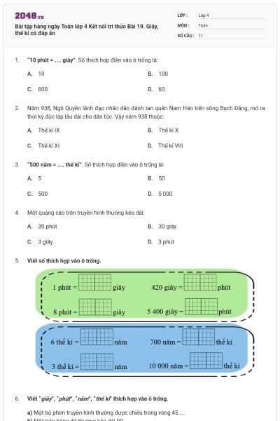 Bài tập hàng ngày Toán lớp 4 Kết nối tri thức Bài 19. Giây, thế kỉ có đáp án
