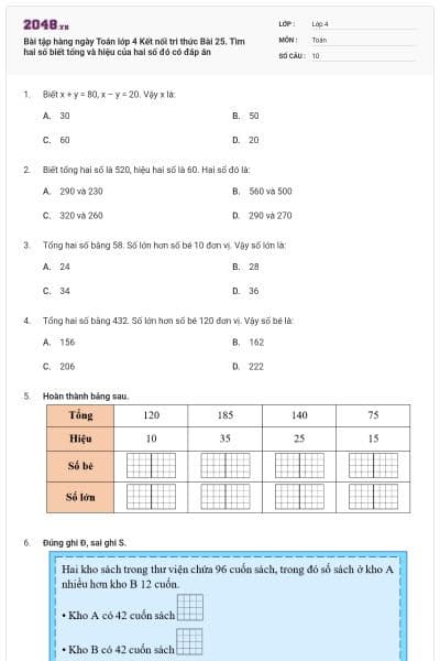 Bài tập hàng ngày Toán lớp 4 Kết nối tri thức Bài 25. Tìm hai số biết tổng và hiệu của hai số đó có đáp án