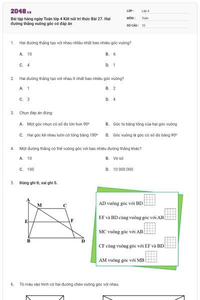 Bài tập hàng ngày Toán lớp 4 Kết nối tri thức Bài 27. Hai đường thẳng vuông góc có đáp án