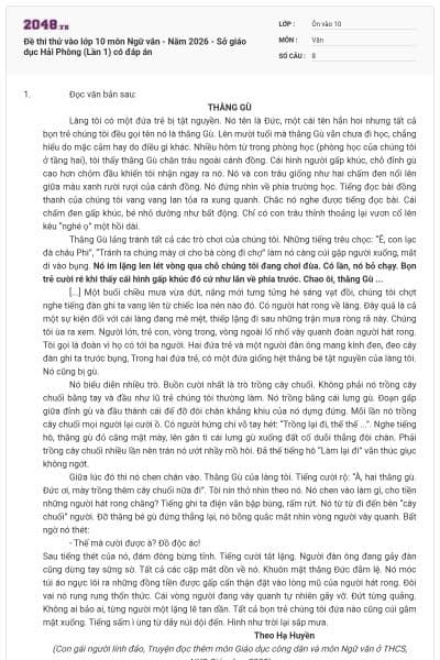 Đề thi thử vào lớp 10 môn Ngữ văn - Năm 2026 - Sở giáo dục Hải Phòng (Lần 1) có đáp án