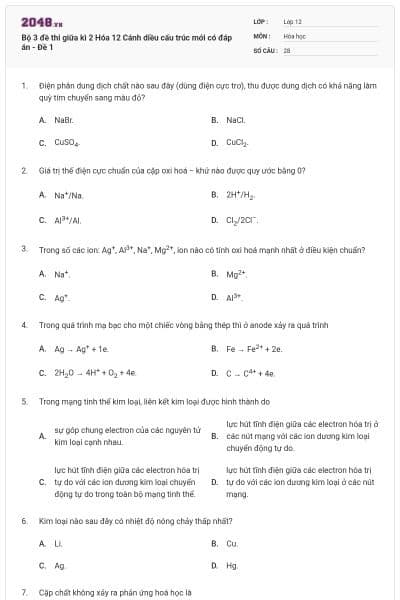 Bộ 3 đề thi giữa kì 2 Hóa 12 Cánh diều cấu trúc mới có đáp án - Đề 1