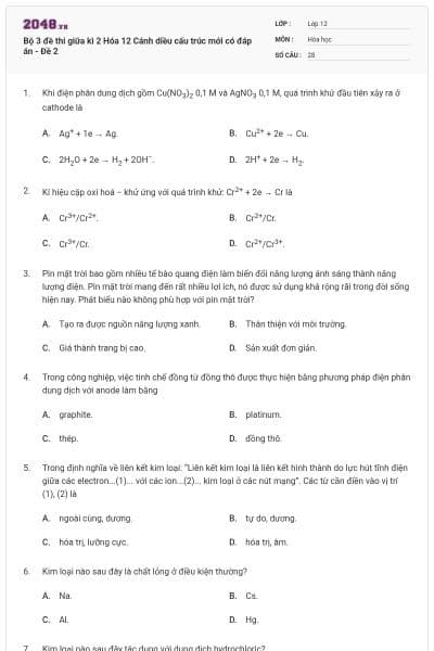 Bộ 3 đề thi giữa kì 2 Hóa 12 Cánh diều cấu trúc mới có đáp án - Đề 2