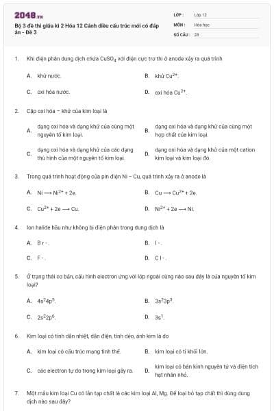 Bộ 3 đề thi giữa kì 2 Hóa 12 Cánh diều cấu trúc mới có đáp án - Đề 3