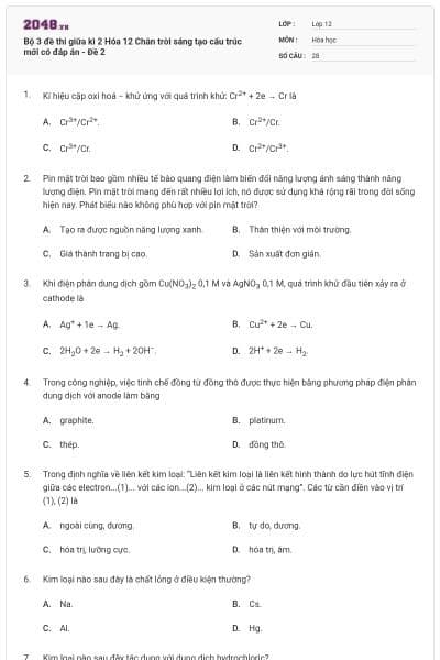 Bộ 3 đề thi giữa kì 2 Hóa 12 Chân trời sáng tạo cấu trúc mới có đáp án - Đề 2