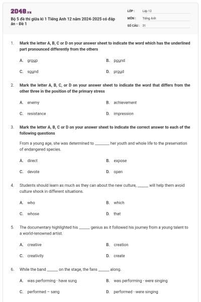 Bộ 5 đề thi giữa kì 1 Tiếng Anh 12 năm 2024-2025 có đáp án - Đề 1