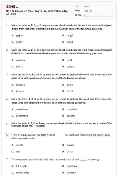 Bộ 5 đề thi giữa kì 1 Tiếng Anh 12 năm 2024-2025 có đáp án - Đề 2