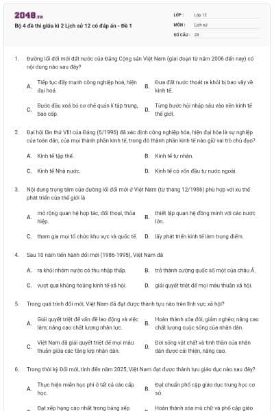 Bộ 4 đề thi giữa kì 2 Lịch sử 12 có đáp án - Đề 1