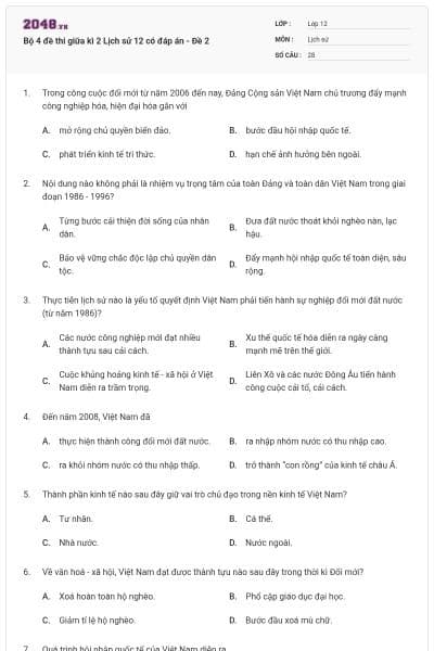 Bộ 4 đề thi giữa kì 2 Lịch sử 12 có đáp án - Đề 2