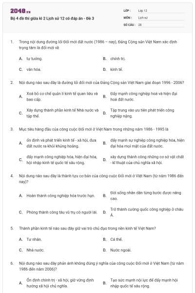 Bộ 4 đề thi giữa kì 2 Lịch sử 12 có đáp án - Đề 3