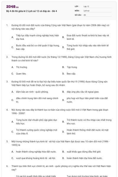 Bộ 4 đề thi giữa kì 2 Lịch sử 12 có đáp án - Đề 4