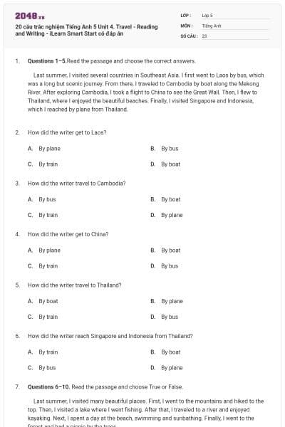 20 câu trắc nghiệm Tiếng Anh 5 Unit 4. Travel - Reading and Writing - iLearn Smart Start có đáp án
