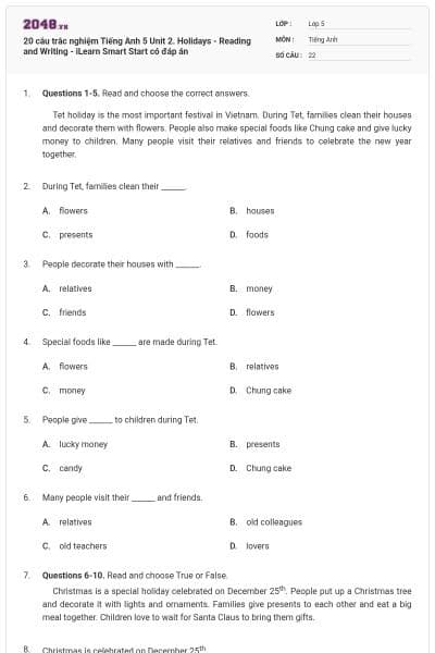 20 câu trắc nghiệm Tiếng Anh 5 Unit 2. Holidays - Reading and Writing - iLearn Smart Start có đáp án