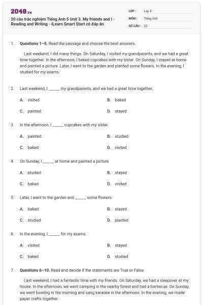 20 câu trắc nghiệm Tiếng Anh 5 Unit 3. My friends and I - Reading and Writing - iLearn Smart Start có đáp án