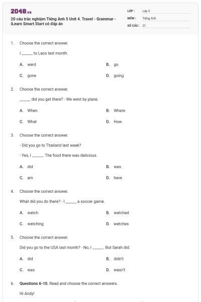 20 câu trắc nghiệm Tiếng Anh 5 Unit 4. Travel - Grammar - iLearn Smart Start có đáp án