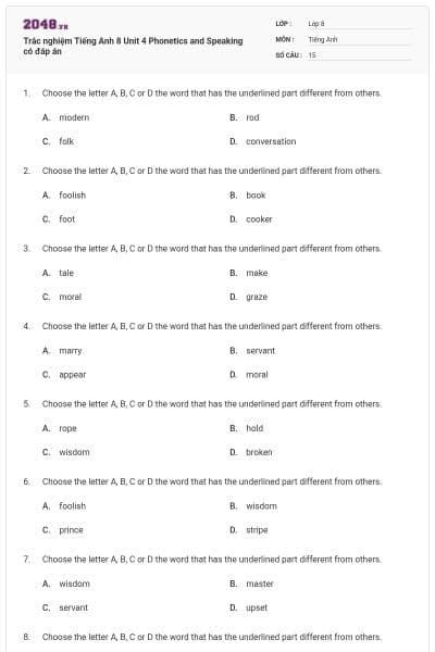 Trắc nghiệm Tiếng Anh 8 Unit 4 Phonetics and Speaking có đáp án