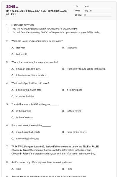 Bộ 5 đề thi cuối kì 2 Tiếng Anh 12 năm 2024-2025 có đáp án - Đề 1