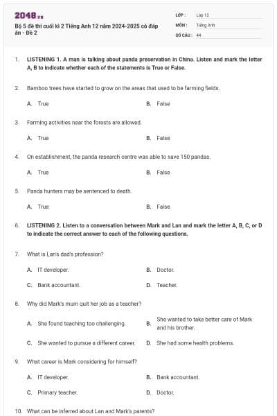 Bộ 5 đề thi cuối kì 2 Tiếng Anh 12 năm 2024-2025 có đáp án - Đề 2