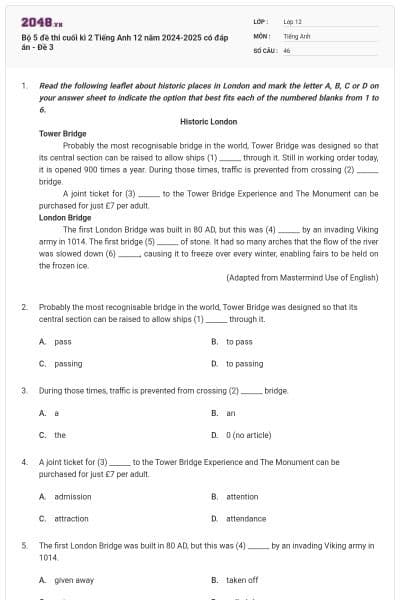 Bộ 5 đề thi cuối kì 2 Tiếng Anh 12 năm 2024-2025 có đáp án - Đề 3