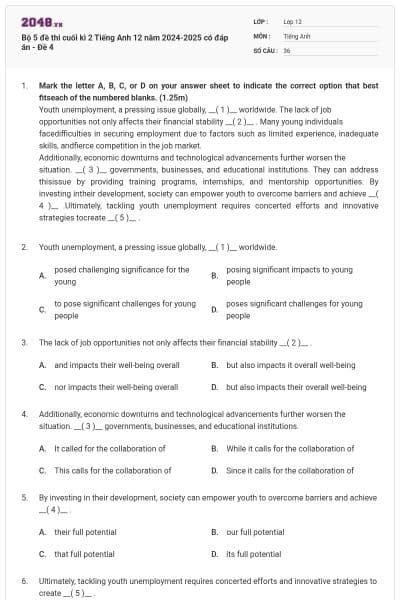 Bộ 5 đề thi cuối kì 2 Tiếng Anh 12 năm 2024-2025 có đáp án - Đề 4