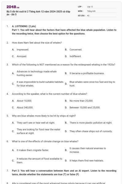 Bộ 5 đề thi cuối kì 2 Tiếng Anh 12 năm 2024-2025 có đáp án - Đề 5