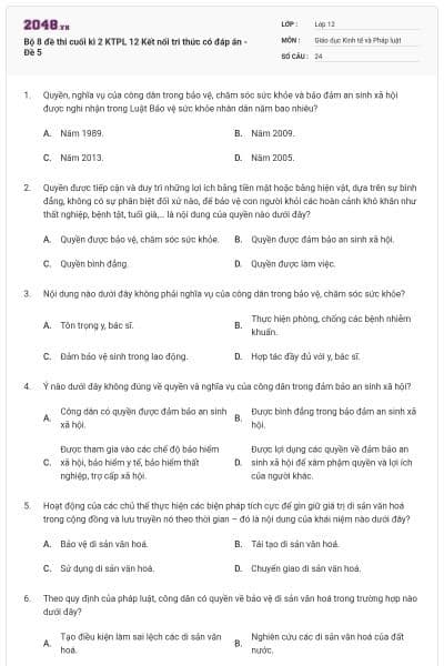 Bộ 8 đề thi cuối kì 2 KTPL 12 Kết nối tri thức có đáp án - Đề 5