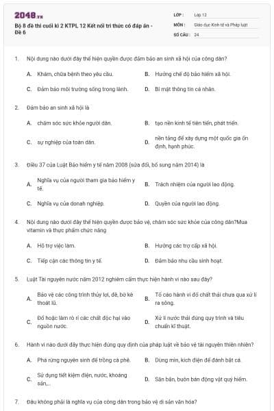 Bộ 8 đề thi cuối kì 2 KTPL 12 Kết nối tri thức có đáp án - Đề 6