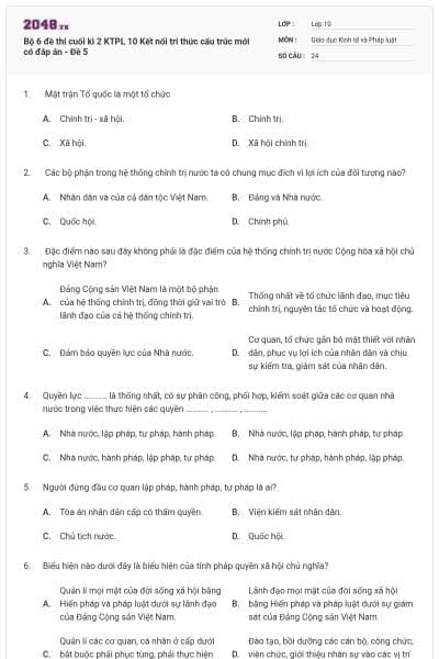 Bộ 6 đề thi cuối kì 2 KTPL 10 Kết nối tri thức cấu trúc mới có đáp án - Đề 5