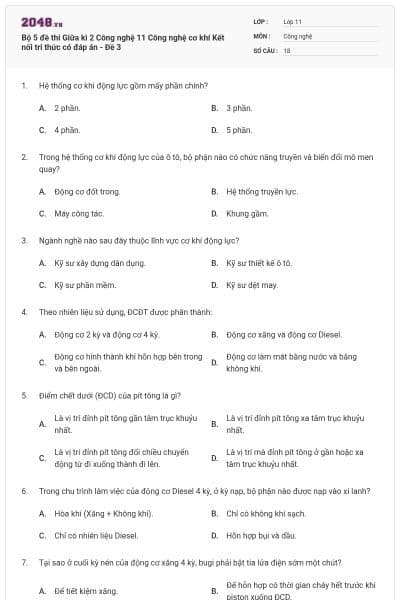 Bộ 5 đề thi Giữa kì 2 Công nghệ 11 Công nghệ cơ khí Kết nối tri thức có đáp án - Đề 3