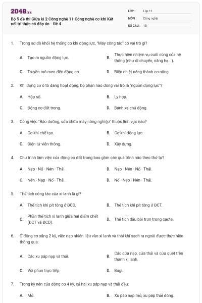 Bộ 5 đề thi Giữa kì 2 Công nghệ 11 Công nghệ cơ khí Kết nối tri thức có đáp án - Đề 4