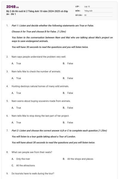 Bộ 2 đề thi cuối kì 2 Tiếng Anh 10 năm 2024-2025 có đáp án - Đề 1