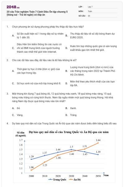 20 câu Trắc nghiệm Toán 7 Cánh Diều Ôn tập chương 5 (Đúng sai - Trả lời ngắn) có đáp án