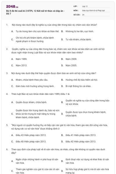Bộ 8 đề thi cuối kì 2 KTPL 12 Kết nối tri thức có đáp án - Đề 7