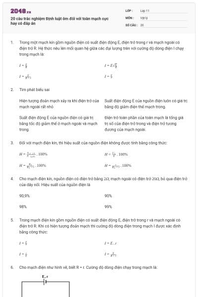 20 câu trắc nghiệm Định luật ôm đối với toàn mạch cực hay có đáp án